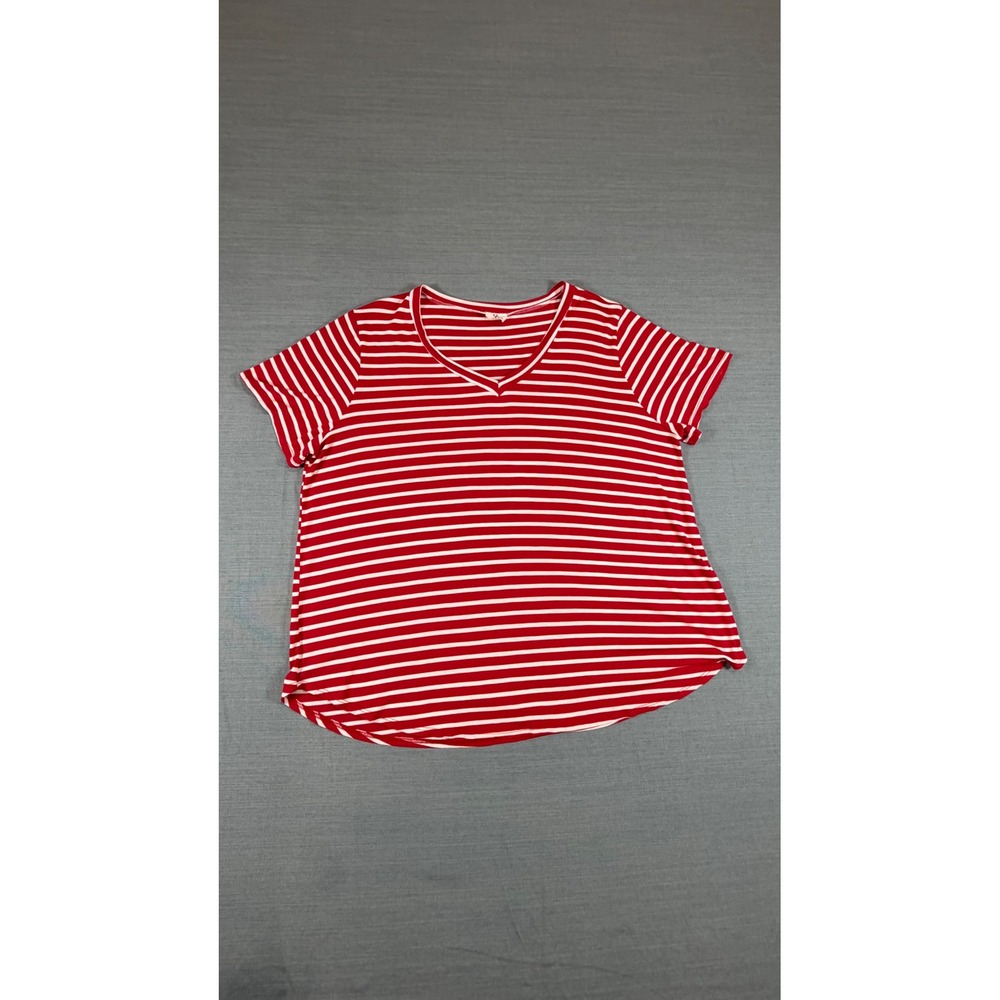 Organic Generation Red White Striped V-Neck Short‎ Sleeve Tee Shirt Womens XL